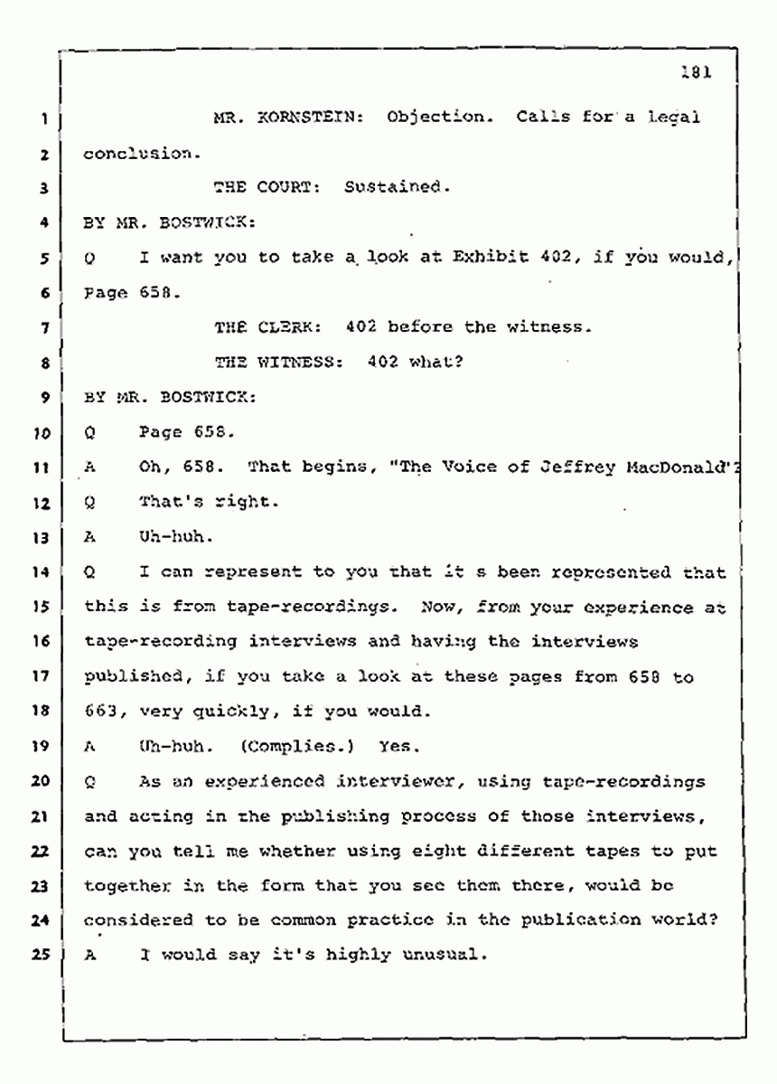 Los Angeles, California Civil Trial<br>Jeffrey MacDonald vs. Joe McGinniss<br><br>August 11, 1987:<br>Rebuttal Witness: Jeffrey Elliot, p. 181