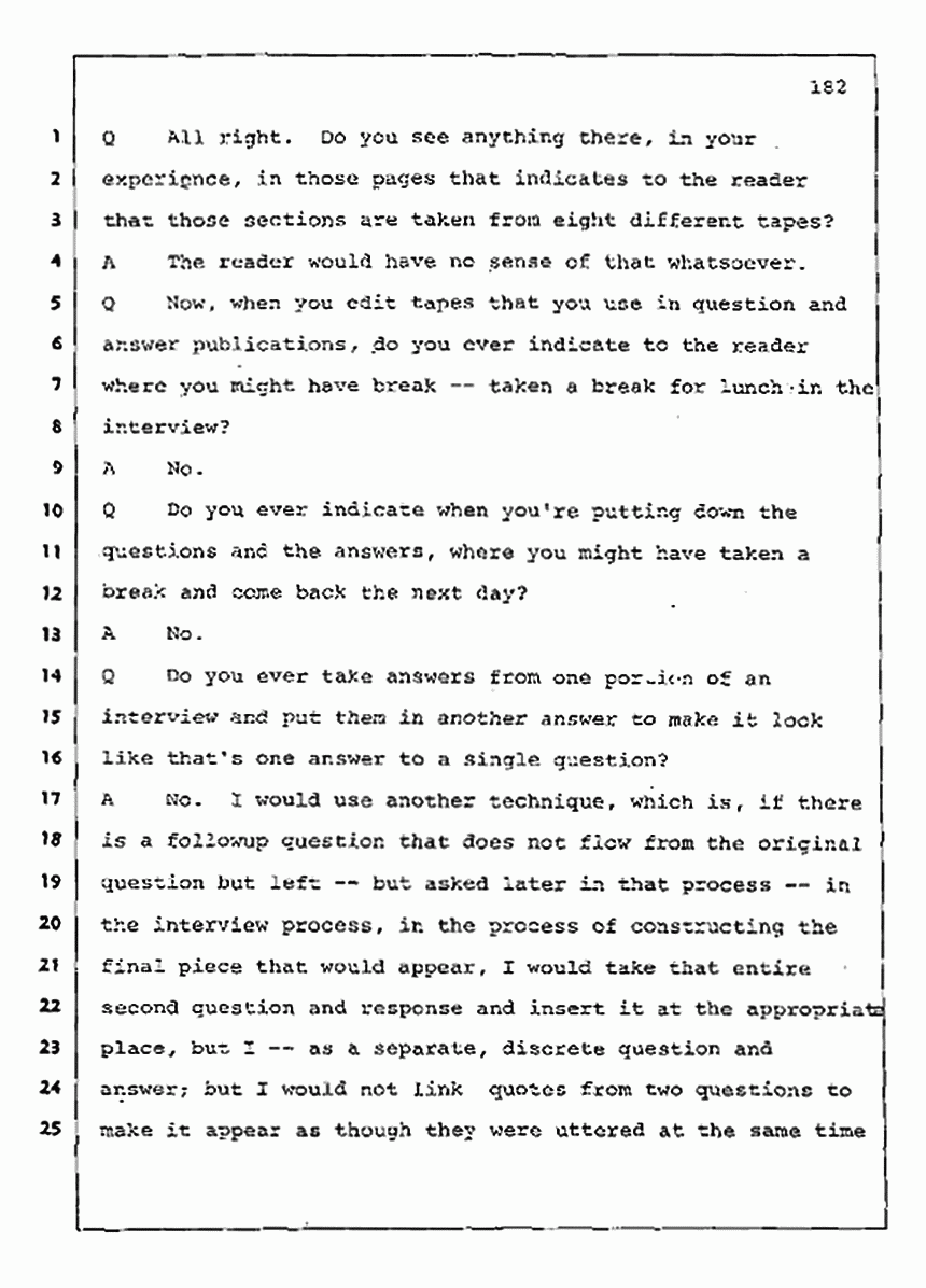Los Angeles, California Civil Trial<br>Jeffrey MacDonald vs. Joe McGinniss<br><br>August 11, 1987:<br>Rebuttal Witness: Jeffrey Elliot, p. 182
