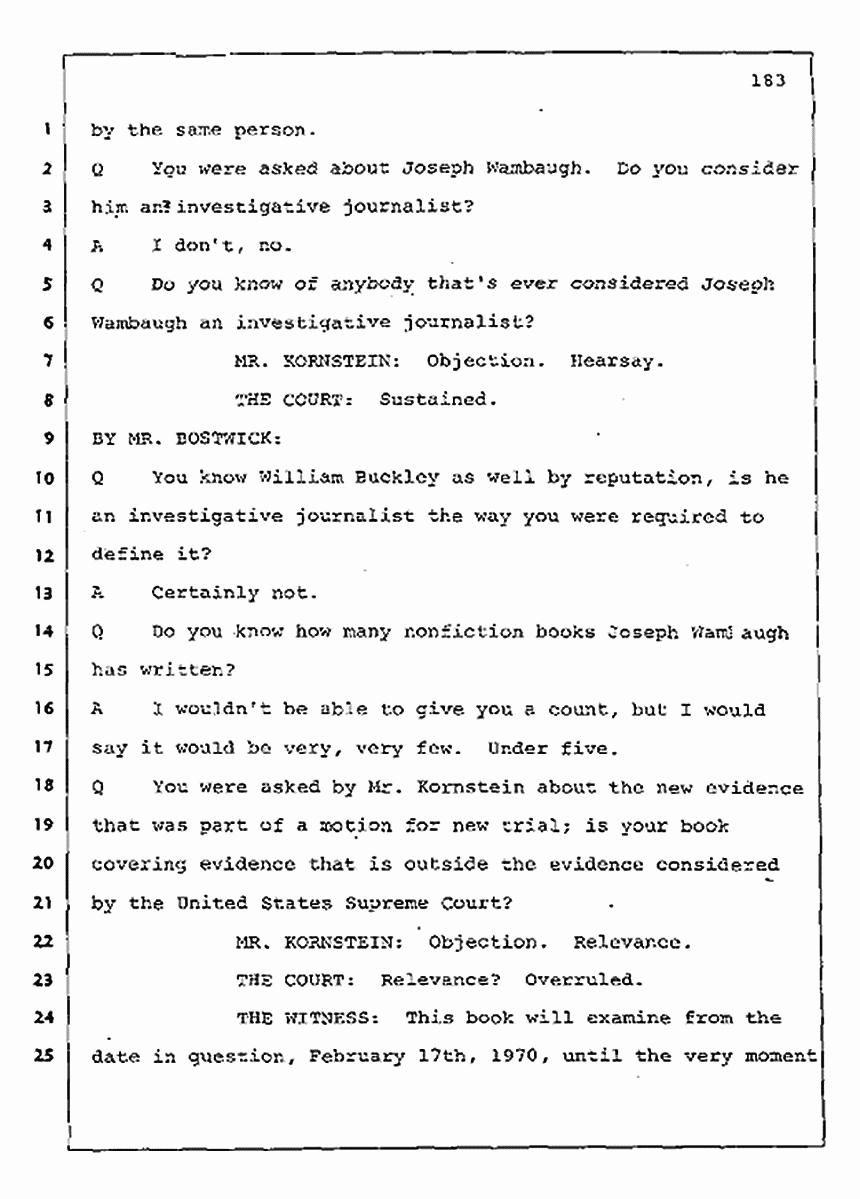 Los Angeles, California Civil Trial<br>Jeffrey MacDonald vs. Joe McGinniss<br><br>August 11, 1987:<br>Rebuttal Witness: Jeffrey Elliot, p. 183