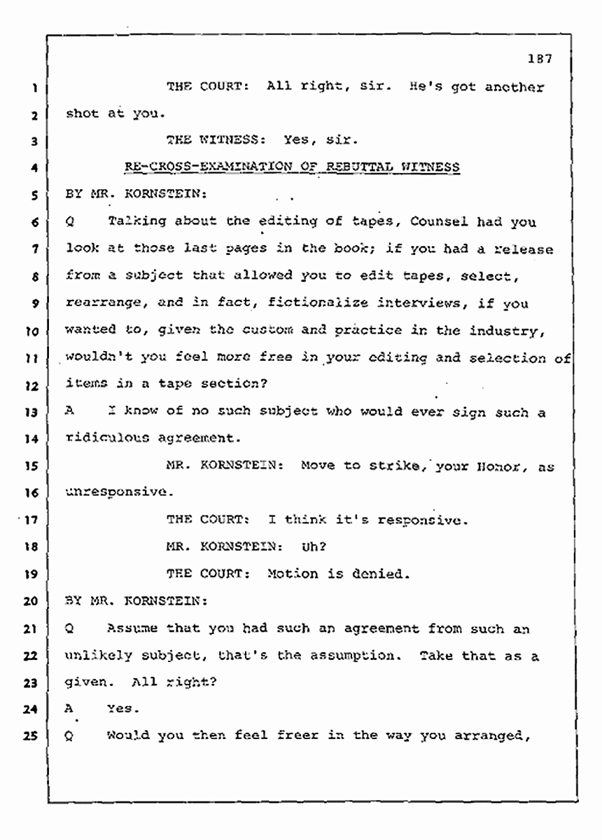 Los Angeles, California Civil Trial<br>Jeffrey MacDonald vs. Joe McGinniss<br><br>August 11, 1987:<br>Rebuttal Witness: Jeffrey Elliot, p. 187