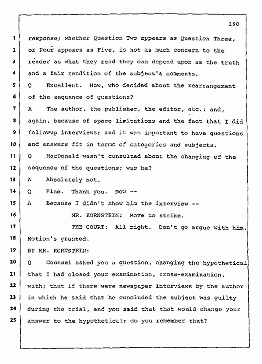 Los Angeles, California Civil Trial<br>Jeffrey MacDonald vs. Joe McGinniss<br><br>August 11, 1987:<br>Rebuttal Witness: Jeffrey Elliot, p. 190