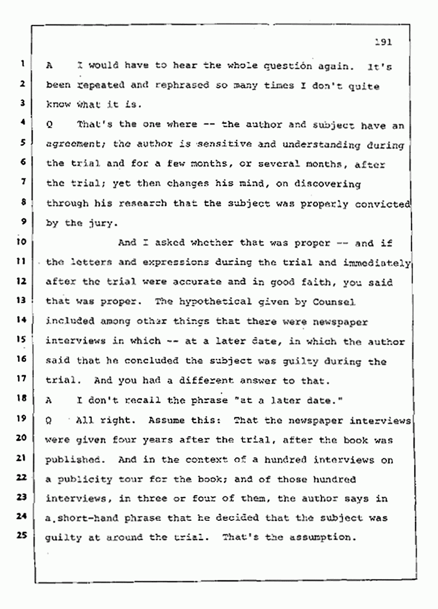 Los Angeles, California Civil Trial<br>Jeffrey MacDonald vs. Joe McGinniss<br><br>August 11, 1987:<br>Rebuttal Witness: Jeffrey Elliot, p. 191