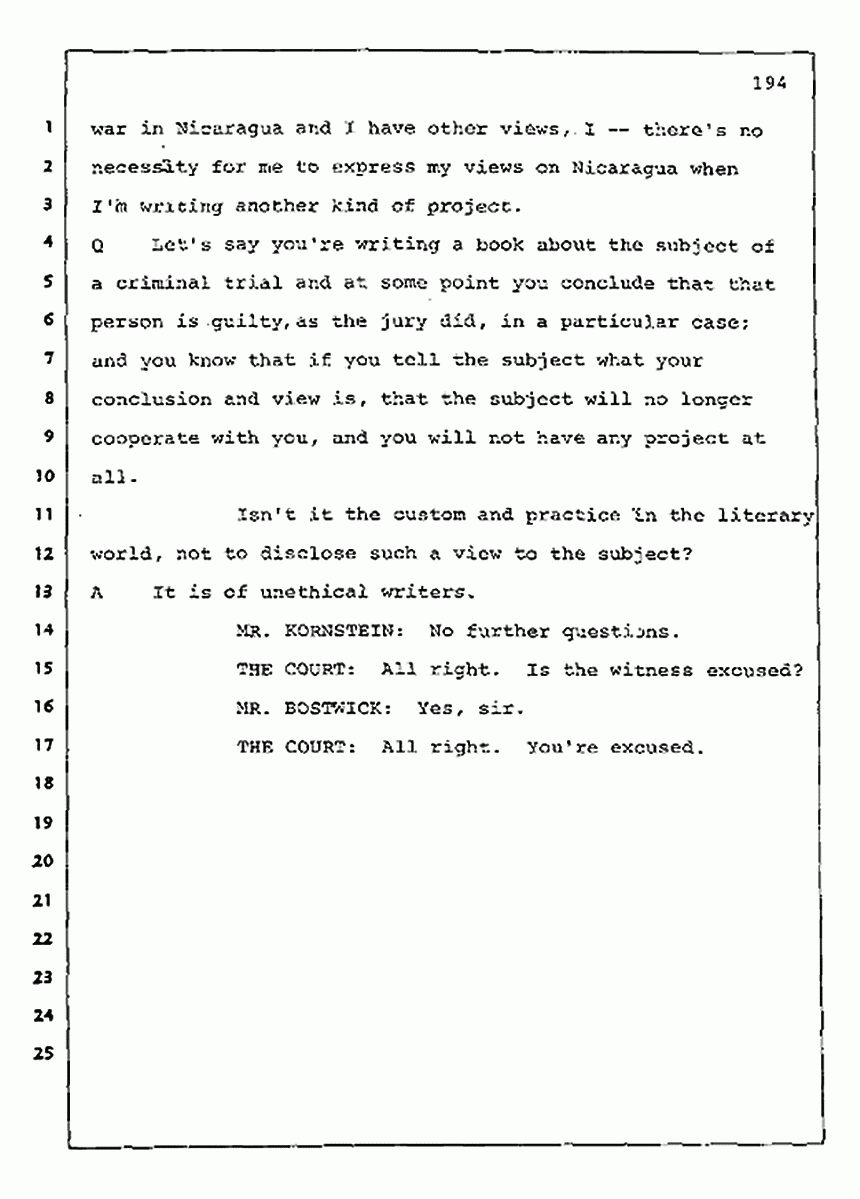 Los Angeles, California Civil Trial<br>Jeffrey MacDonald vs. Joe McGinniss<br><br>August 11, 1987:<br>Rebuttal Witness: Jeffrey Elliot, p. 194