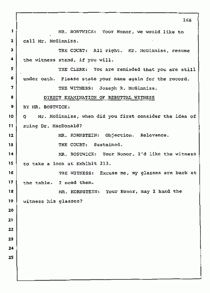 Los Angeles, California Civil Trial<br>Jeffrey MacDonald vs. Joe McGinniss<br><br>August 11, 1987:<br>Rebuttal Witness: Joe McGinniss, p. 268