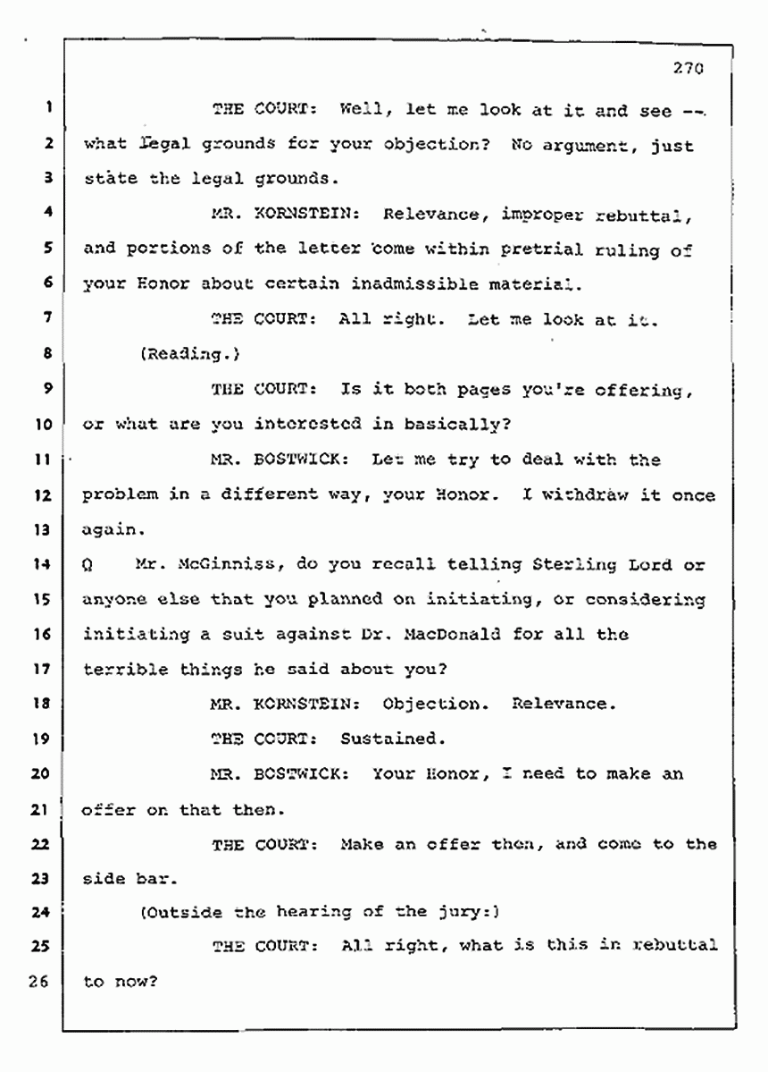 Los Angeles, California Civil Trial<br>Jeffrey MacDonald vs. Joe McGinniss<br><br>August 11, 1987:<br>Rebuttal Witness: Joe McGinniss, p. 270