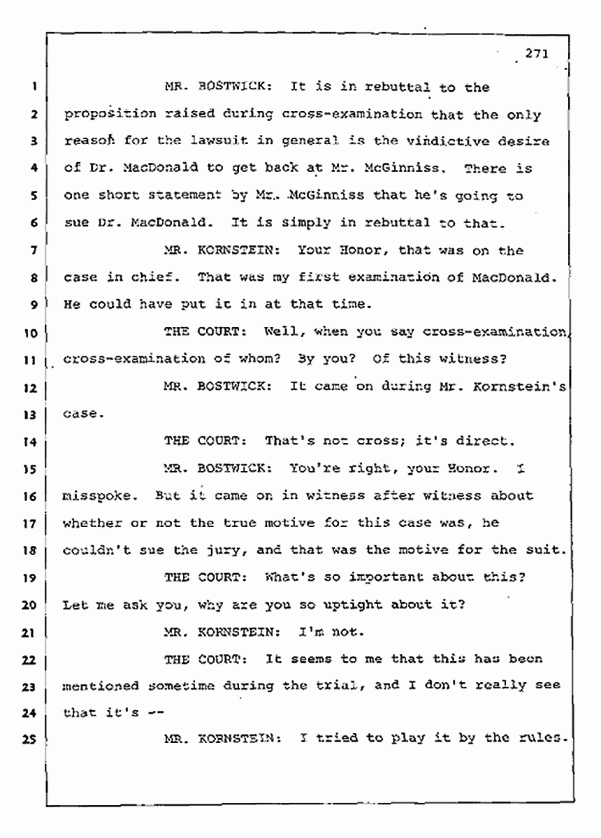 Los Angeles, California Civil Trial<br>Jeffrey MacDonald vs. Joe McGinniss<br><br>August 11, 1987:<br>Rebuttal Witness: Joe McGinniss, p. 271