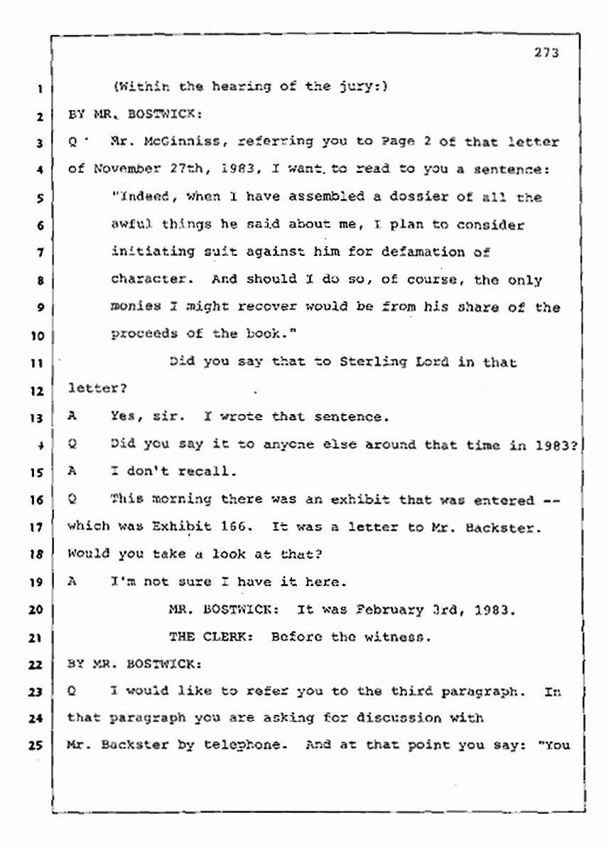 Los Angeles, California Civil Trial<br>Jeffrey MacDonald vs. Joe McGinniss<br><br>August 11, 1987:<br>Rebuttal Witness: Joe McGinniss, p. 273