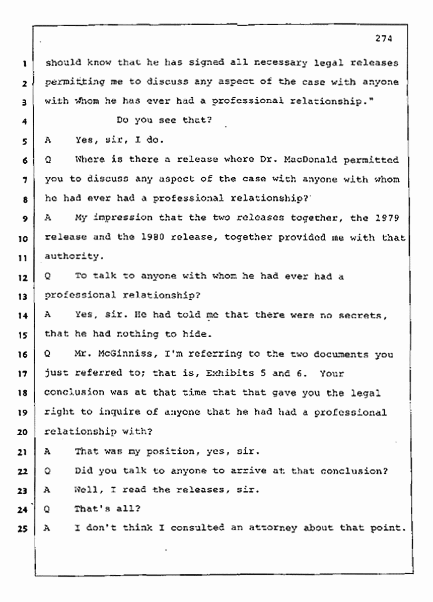 Los Angeles, California Civil Trial<br>Jeffrey MacDonald vs. Joe McGinniss<br><br>August 11, 1987:<br>Rebuttal Witness: Joe McGinniss, p. 274