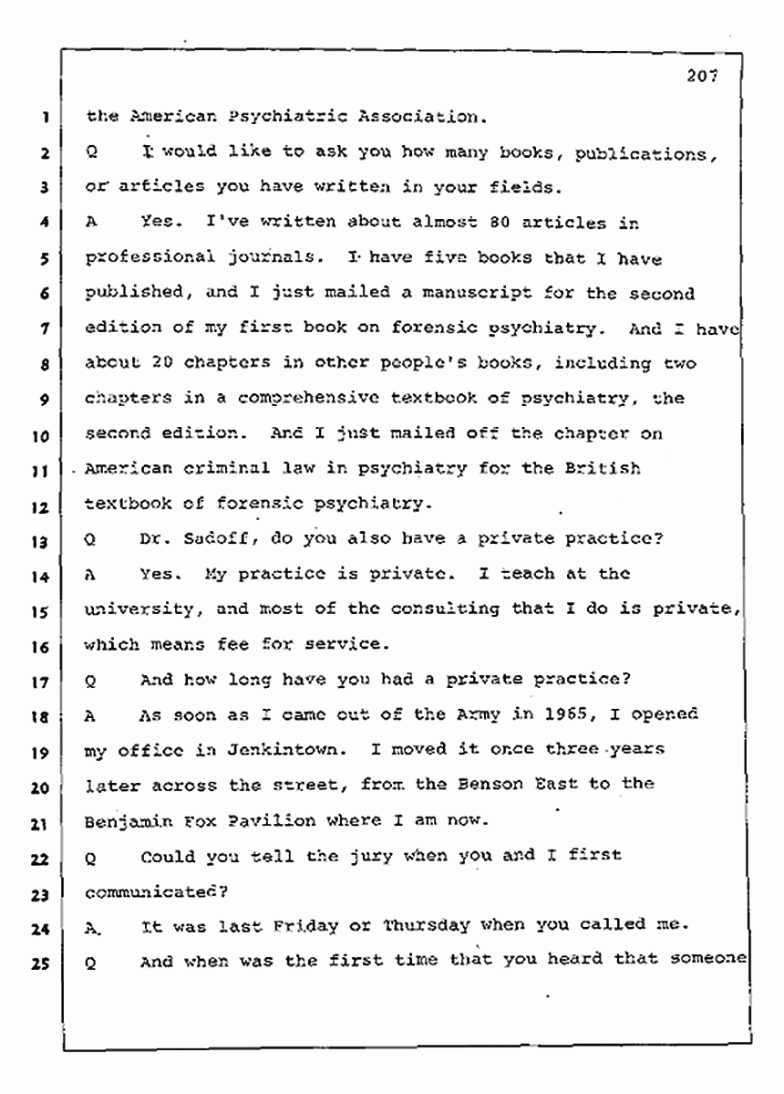 Los Angeles, California Civil Trial<br>Jeffrey MacDonald vs. Joe McGinniss<br><br>August 11, 1987:<br>Rebuttal Witness: Robert Sadoff, p. 207