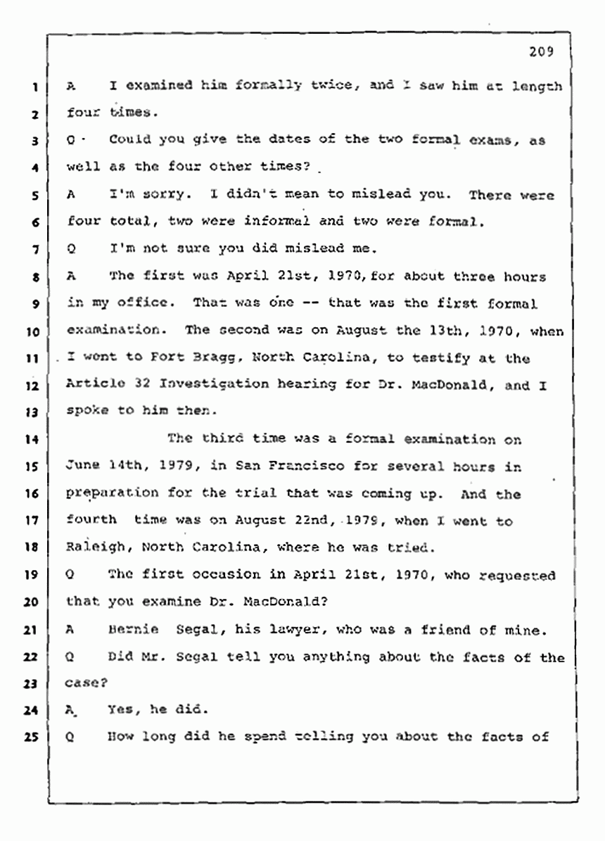 Los Angeles, California Civil Trial<br>Jeffrey MacDonald vs. Joe McGinniss<br><br>August 11, 1987:<br>Rebuttal Witness: Robert Sadoff, p. 209