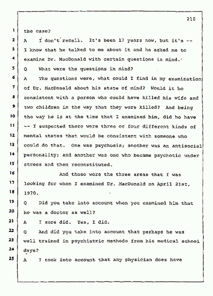 Los Angeles, California Civil Trial<br>Jeffrey MacDonald vs. Joe McGinniss<br><br>August 11, 1987:<br>Rebuttal Witness: Robert Sadoff, p. 210