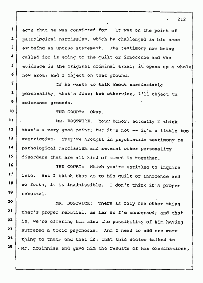 Los Angeles, California Civil Trial<br>Jeffrey MacDonald vs. Joe McGinniss<br><br>August 11, 1987:<br>Rebuttal Witness: Robert Sadoff, p. 212