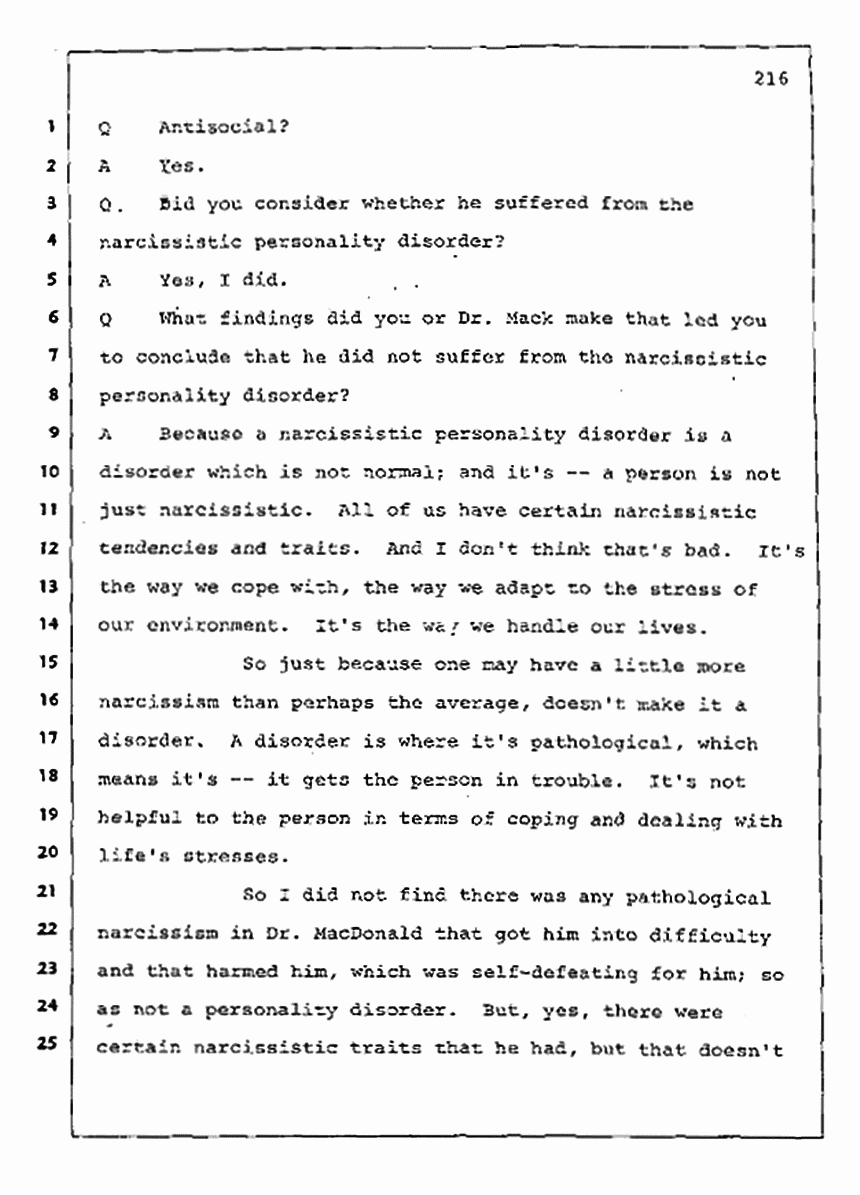 Los Angeles, California Civil Trial<br>Jeffrey MacDonald vs. Joe McGinniss<br><br>August 11, 1987:<br>Rebuttal Witness: Robert Sadoff, p. 216