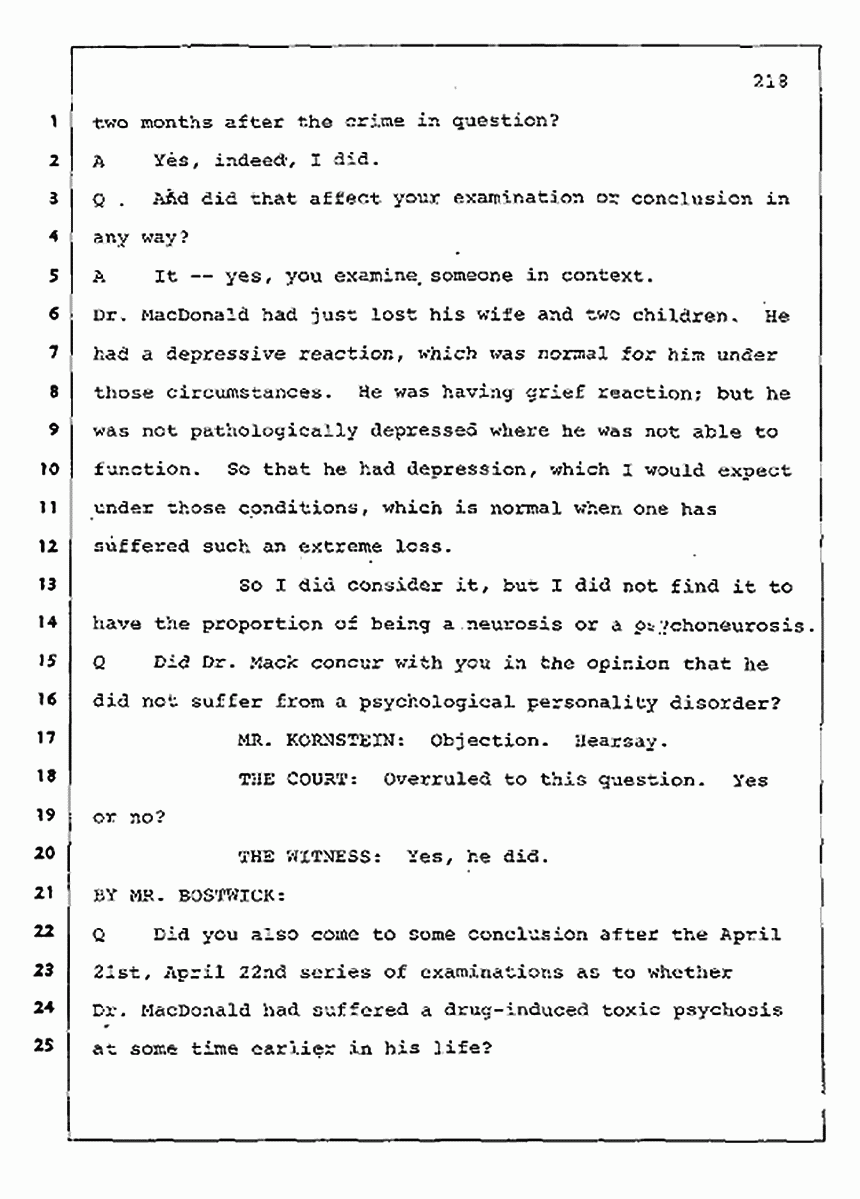 Los Angeles, California Civil Trial<br>Jeffrey MacDonald vs. Joe McGinniss<br><br>August 11, 1987:<br>Rebuttal Witness: Robert Sadoff, p. 218