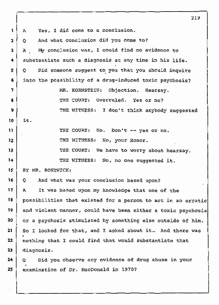 Los Angeles, California Civil Trial<br>Jeffrey MacDonald vs. Joe McGinniss<br><br>August 11, 1987:<br>Rebuttal Witness: Robert Sadoff, p. 219
