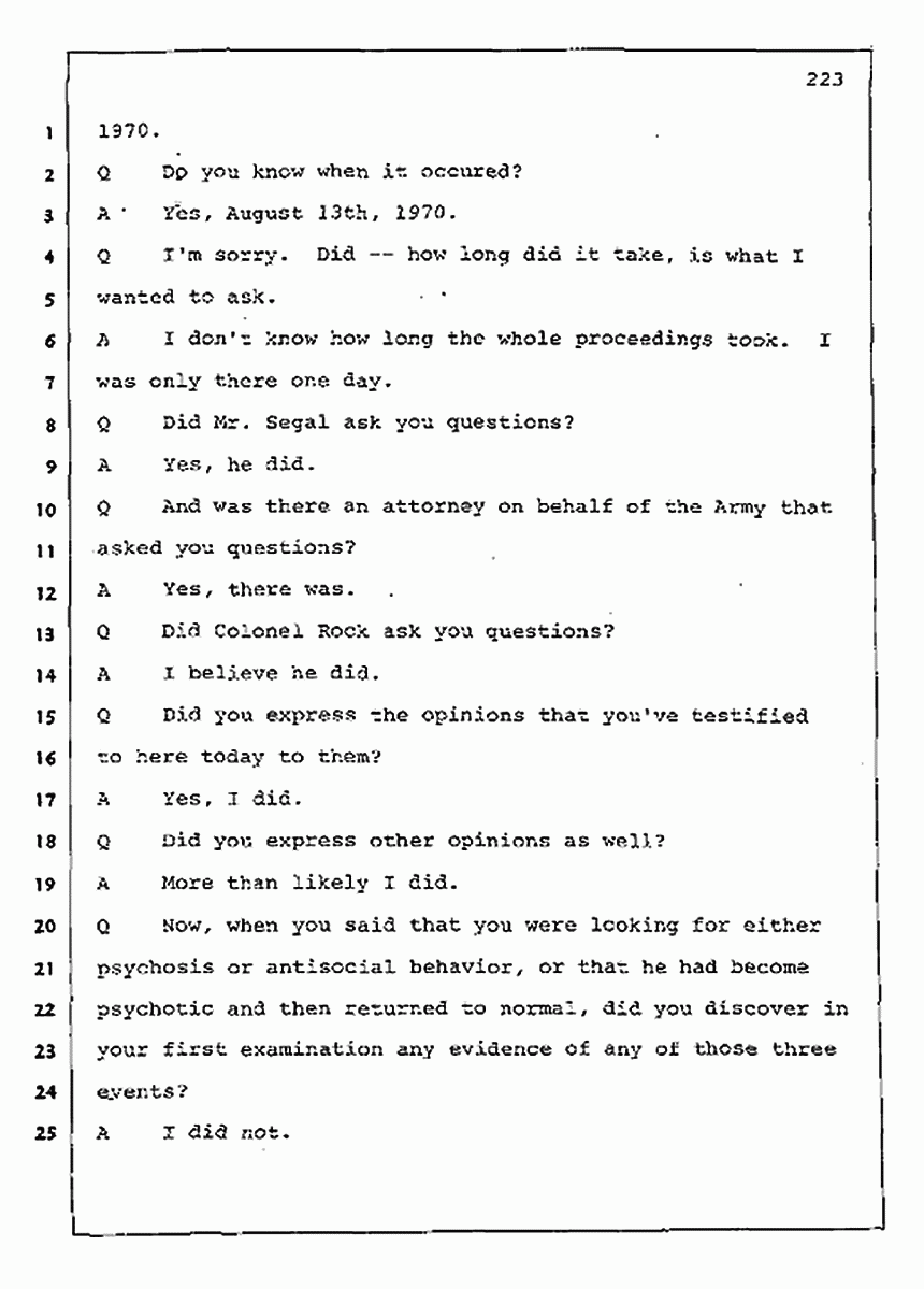 Los Angeles, California Civil Trial<br>Jeffrey MacDonald vs. Joe McGinniss<br><br>August 11, 1987:<br>Rebuttal Witness: Robert Sadoff, p. 223