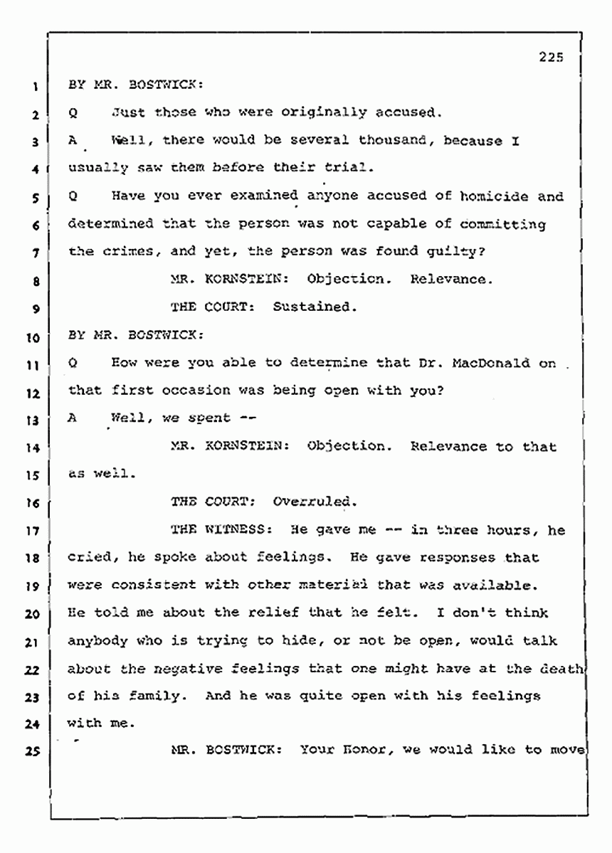 Los Angeles, California Civil Trial<br>Jeffrey MacDonald vs. Joe McGinniss<br><br>August 11, 1987:<br>Rebuttal Witness: Robert Sadoff, p. 225