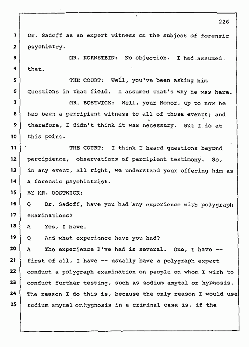 Los Angeles, California Civil Trial<br>Jeffrey MacDonald vs. Joe McGinniss<br><br>August 11, 1987:<br>Rebuttal Witness: Robert Sadoff, p. 226