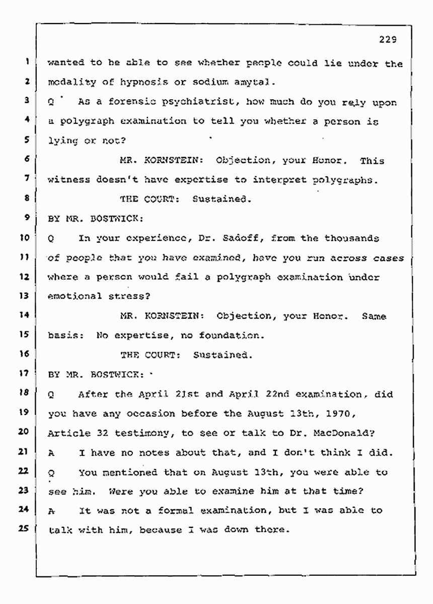 Los Angeles, California Civil Trial<br>Jeffrey MacDonald vs. Joe McGinniss<br><br>August 11, 1987:<br>Rebuttal Witness: Robert Sadoff, p. 229