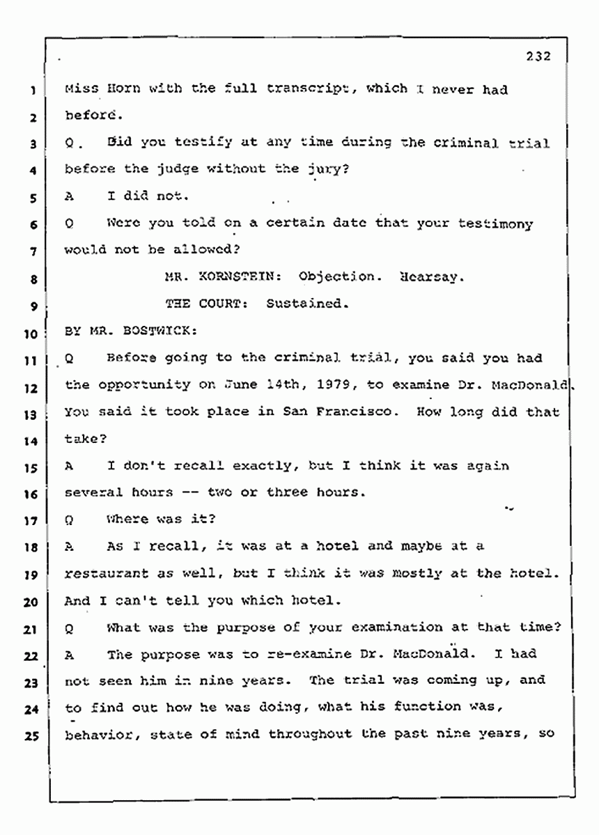 Los Angeles, California Civil Trial<br>Jeffrey MacDonald vs. Joe McGinniss<br><br>August 11, 1987:<br>Rebuttal Witness: Robert Sadoff, p. 232