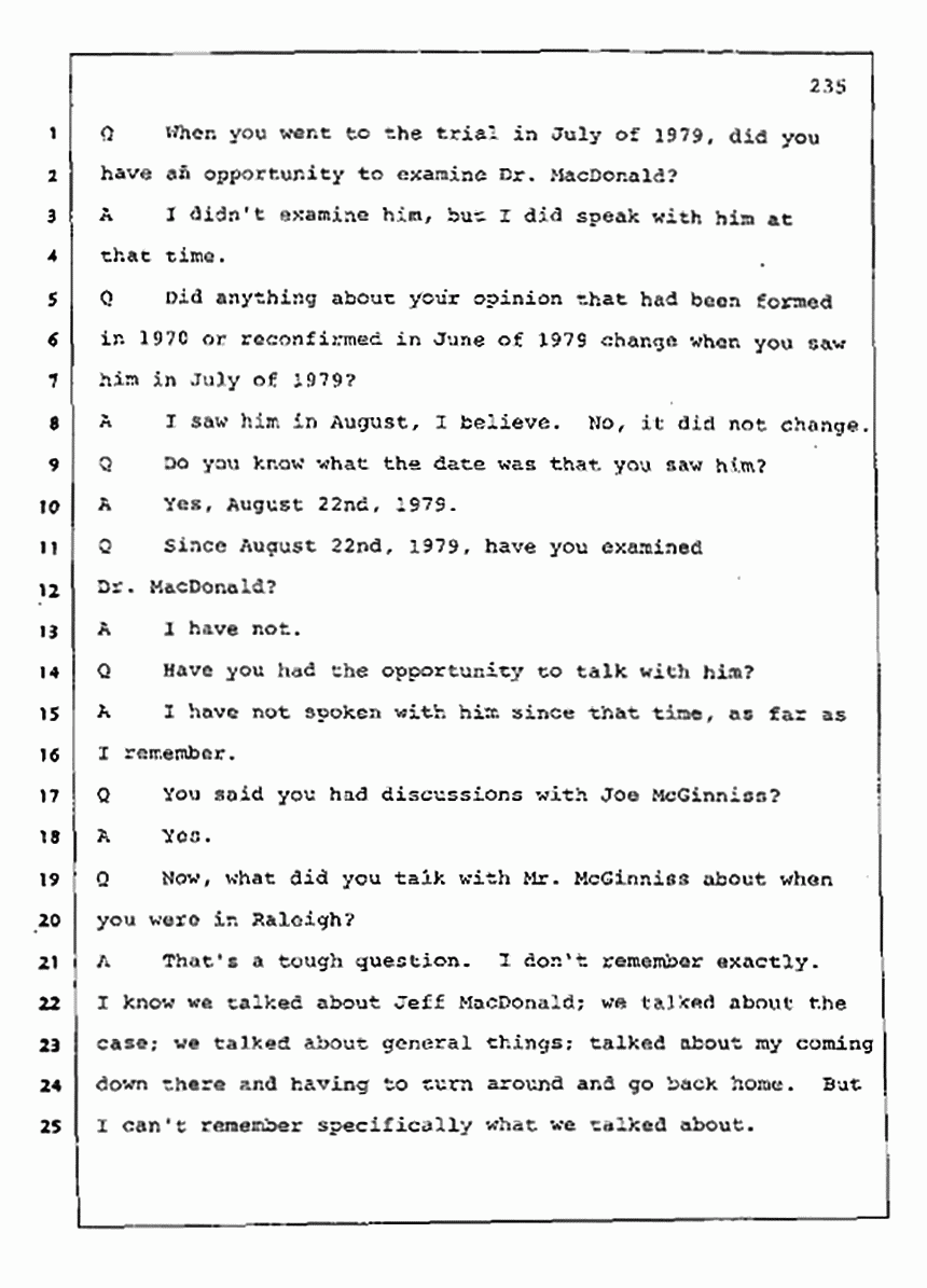 Los Angeles, California Civil Trial<br>Jeffrey MacDonald vs. Joe McGinniss<br><br>August 11, 1987:<br>Rebuttal Witness: Robert Sadoff, p. 235
