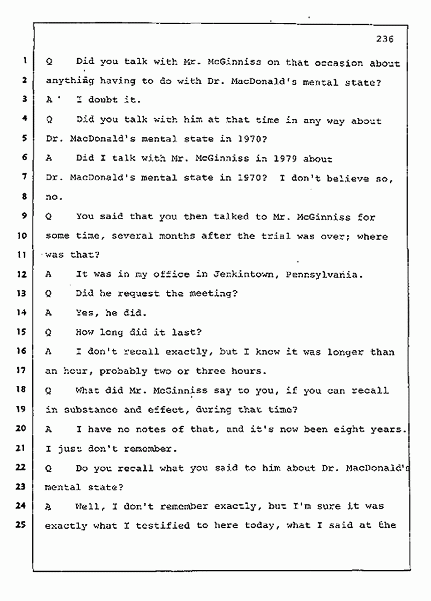 Los Angeles, California Civil Trial<br>Jeffrey MacDonald vs. Joe McGinniss<br><br>August 11, 1987:<br>Rebuttal Witness: Robert Sadoff, p. 236