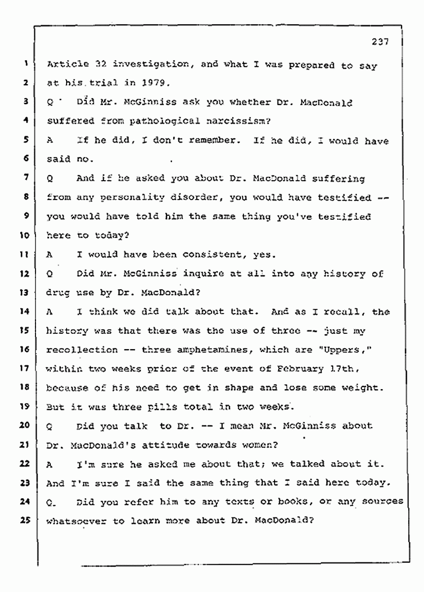 Los Angeles, California Civil Trial<br>Jeffrey MacDonald vs. Joe McGinniss<br><br>August 11, 1987:<br>Rebuttal Witness: Robert Sadoff, p. 237