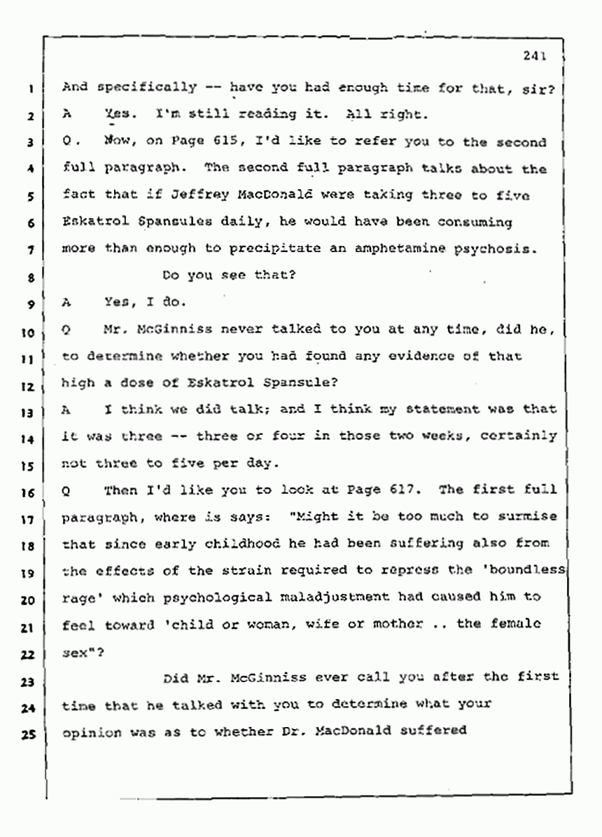Los Angeles, California Civil Trial<br>Jeffrey MacDonald vs. Joe McGinniss<br><br>August 11, 1987:<br>Rebuttal Witness: Robert Sadoff, p. 241