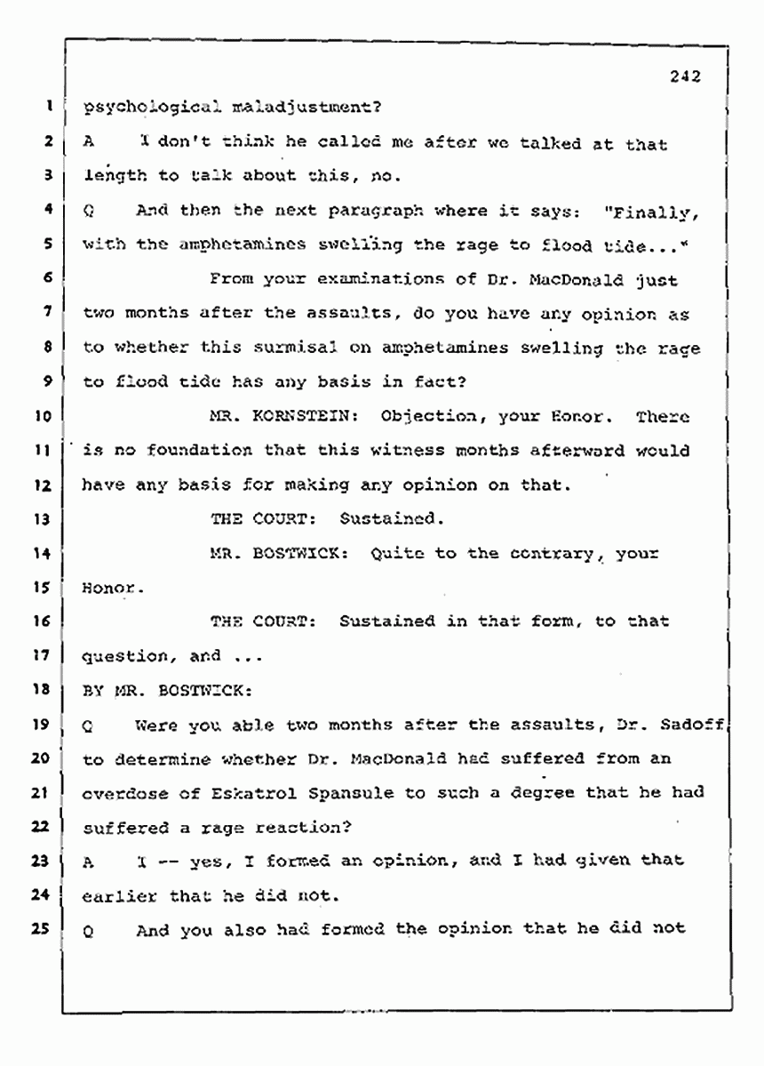 Los Angeles, California Civil Trial<br>Jeffrey MacDonald vs. Joe McGinniss<br><br>August 11, 1987:<br>Rebuttal Witness: Robert Sadoff, p. 242