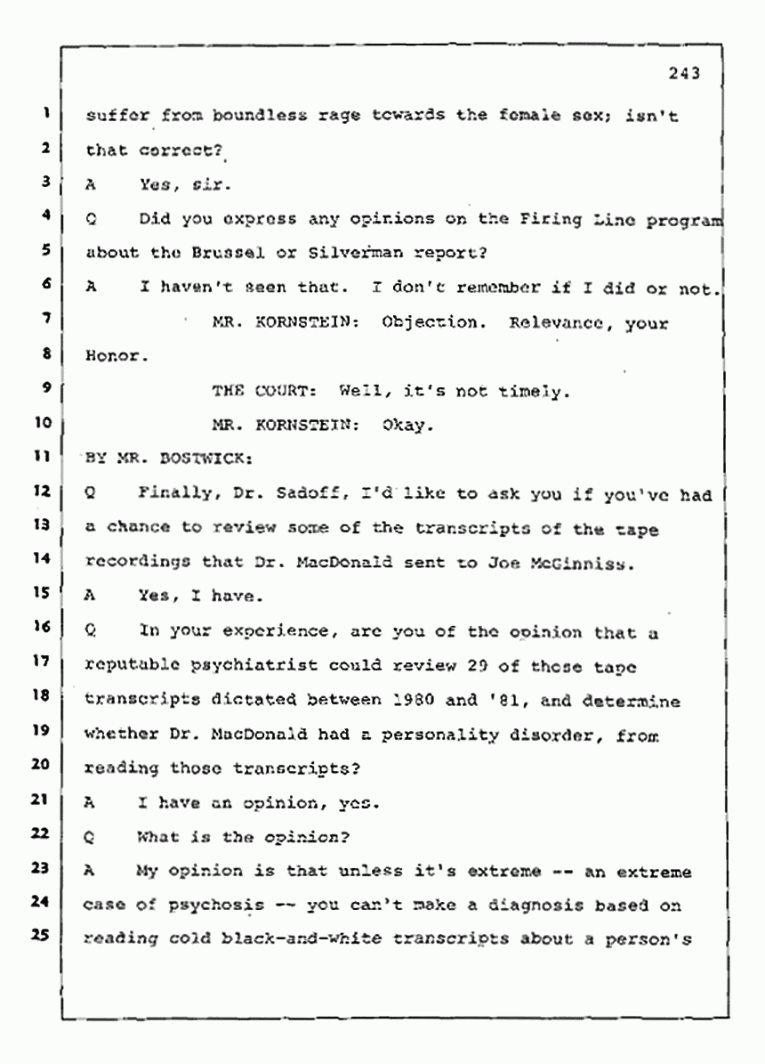 Los Angeles, California Civil Trial<br>Jeffrey MacDonald vs. Joe McGinniss<br><br>August 11, 1987:<br>Rebuttal Witness: Robert Sadoff, p. 243