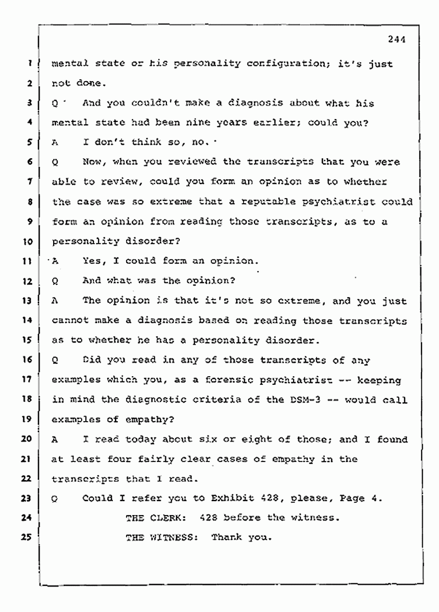 Los Angeles, California Civil Trial<br>Jeffrey MacDonald vs. Joe McGinniss<br><br>August 11, 1987:<br>Rebuttal Witness: Robert Sadoff, p. 244