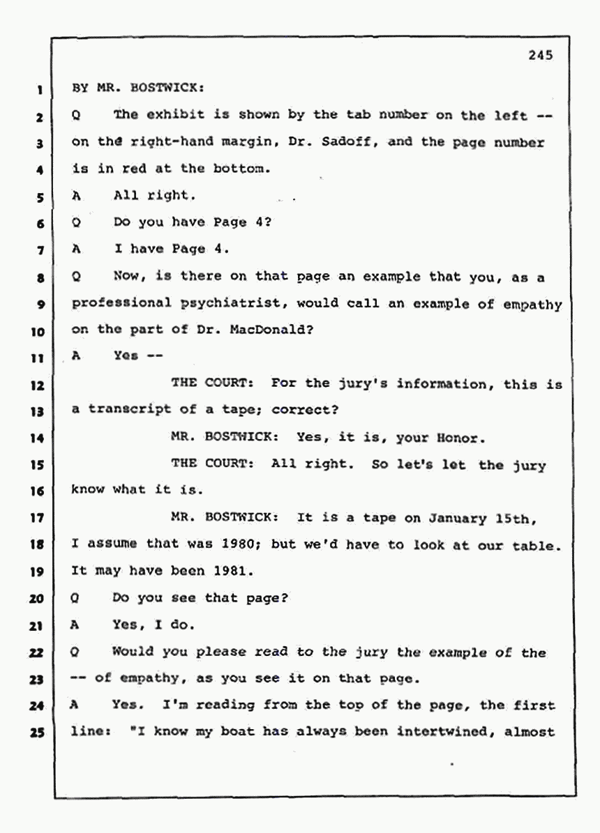 Los Angeles, California Civil Trial<br>Jeffrey MacDonald vs. Joe McGinniss<br><br>August 11, 1987:<br>Rebuttal Witness: Robert Sadoff, p. 245