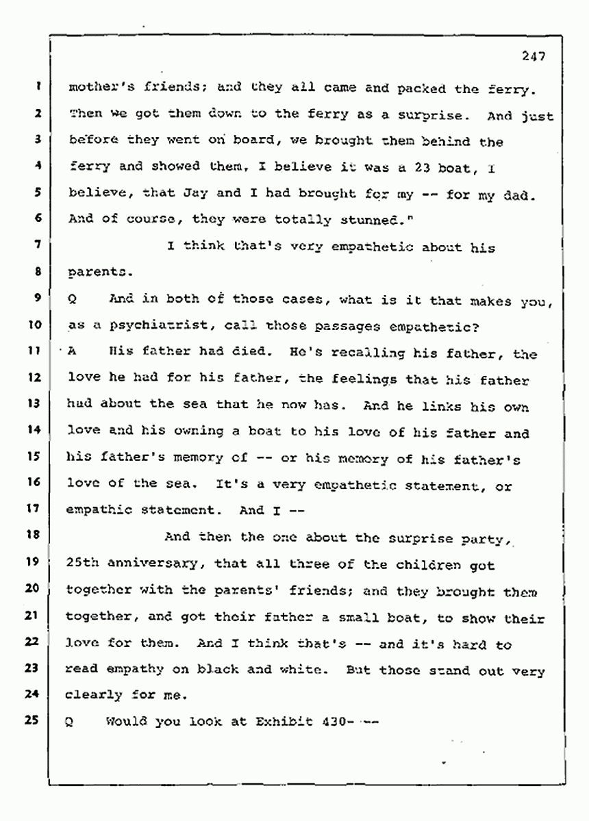 Los Angeles, California Civil Trial<br>Jeffrey MacDonald vs. Joe McGinniss<br><br>August 11, 1987:<br>Rebuttal Witness: Robert Sadoff, p. 247