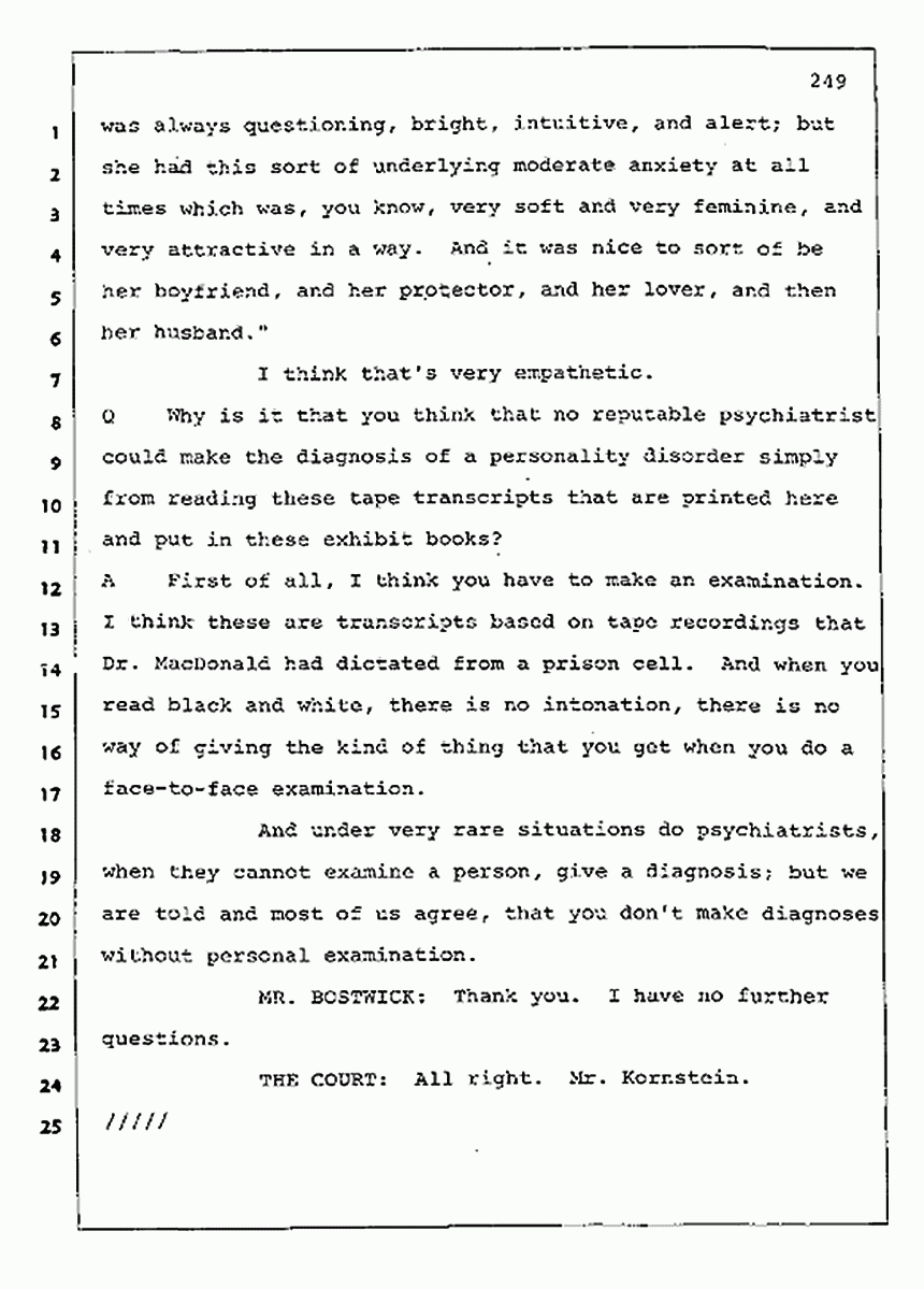 Los Angeles, California Civil Trial<br>Jeffrey MacDonald vs. Joe McGinniss<br><br>August 11, 1987:<br>Rebuttal Witness: Robert Sadoff, p. 249