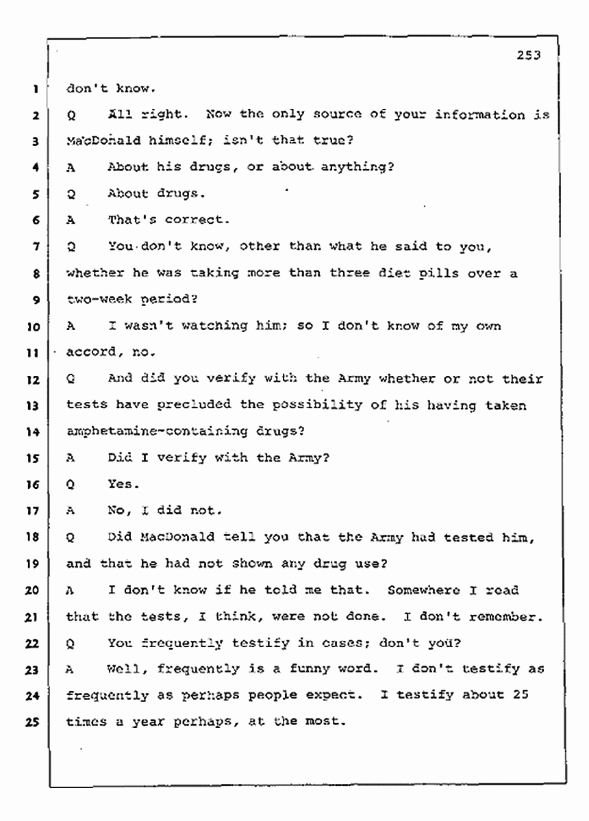 Los Angeles, California Civil Trial<br>Jeffrey MacDonald vs. Joe McGinniss<br><br>August 11, 1987:<br>Rebuttal Witness: Robert Sadoff, p. 253
