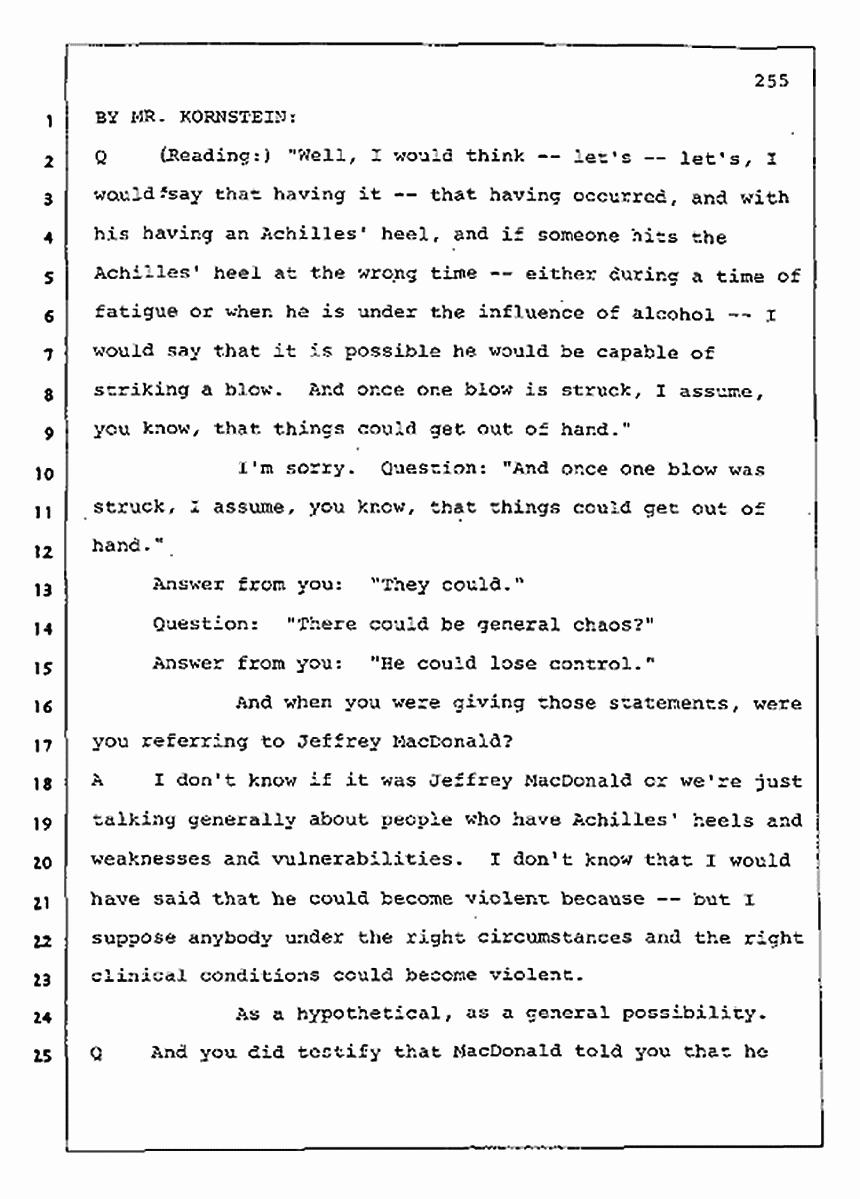 Los Angeles, California Civil Trial<br>Jeffrey MacDonald vs. Joe McGinniss<br><br>August 11, 1987:<br>Rebuttal Witness: Robert Sadoff, p. 255