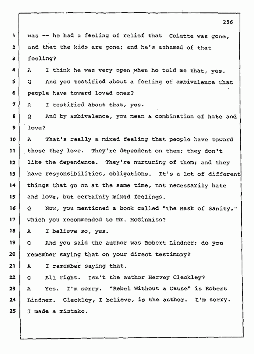 Los Angeles, California Civil Trial<br>Jeffrey MacDonald vs. Joe McGinniss<br><br>August 11, 1987:<br>Rebuttal Witness: Robert Sadoff, p. 256