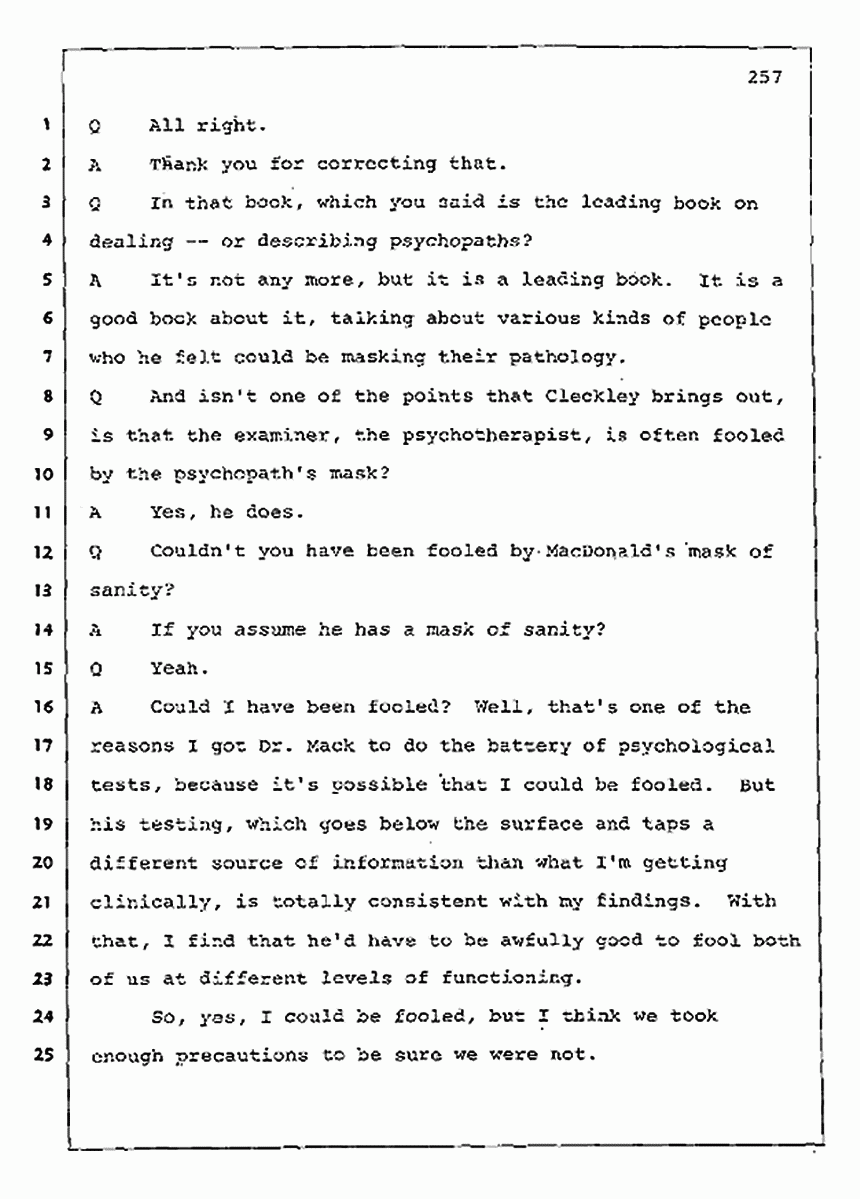 Los Angeles, California Civil Trial<br>Jeffrey MacDonald vs. Joe McGinniss<br><br>August 11, 1987:<br>Rebuttal Witness: Robert Sadoff, p. 257