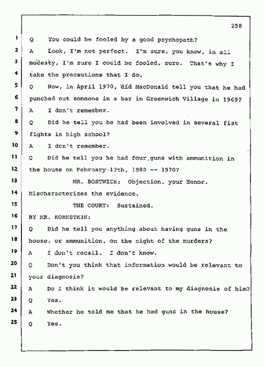 Los Angeles, California Civil Trial<br>Jeffrey MacDonald vs. Joe McGinniss<br><br>August 11, 1987:<br>Rebuttal Witness: Robert Sadoff, p. 258
