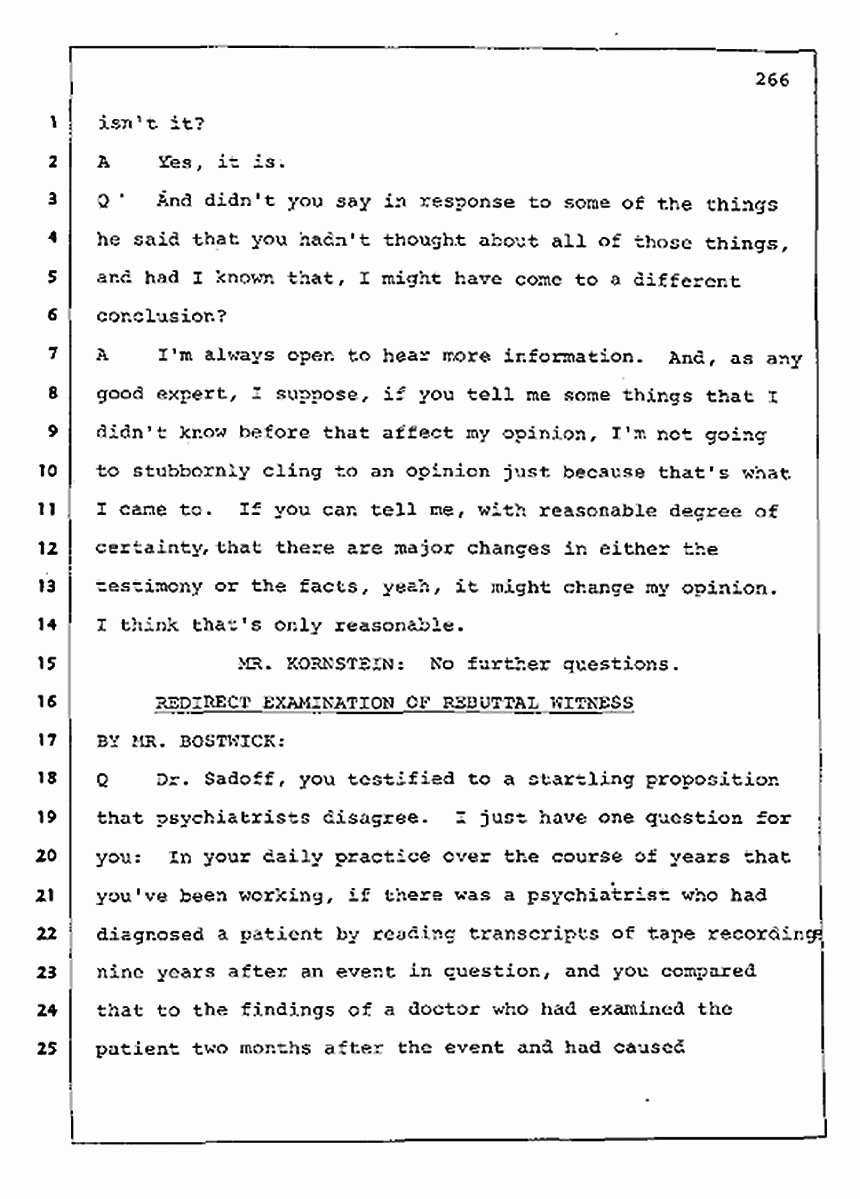 Los Angeles, California Civil Trial<br>Jeffrey MacDonald vs. Joe McGinniss<br><br>August 11, 1987:<br>Rebuttal Witness: Robert Sadoff, p. 266