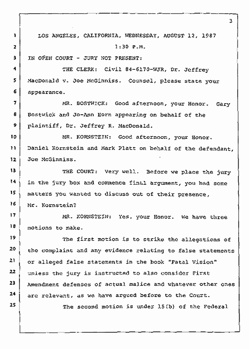 Los Angeles, California Civil Trial<br>Jeffrey MacDonald vs. Joe McGinniss<br><br>August 12, 1987:<br>Closing Arguments for Plaintiff Jeffrey MacDonald, p. 3