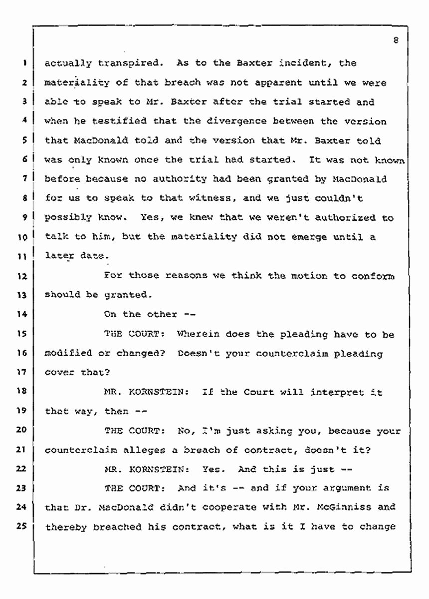 Los Angeles, California Civil Trial<br>Jeffrey MacDonald vs. Joe McGinniss<br><br>August 12, 1987:<br>Closing Arguments for Plaintiff Jeffrey MacDonald, p. 8