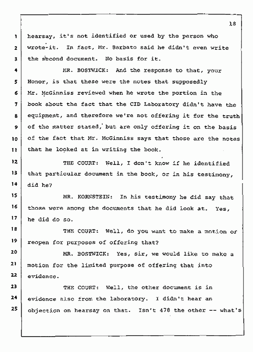 Los Angeles, California Civil Trial<br>Jeffrey MacDonald vs. Joe McGinniss<br><br>August 12, 1987:<br>Closing Arguments for Plaintiff Jeffrey MacDonald, p. 18