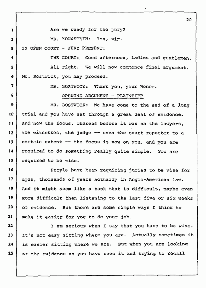 Los Angeles, California Civil Trial<br>Jeffrey MacDonald vs. Joe McGinniss<br><br>August 12, 1987:<br>Closing Arguments for Plaintiff Jeffrey MacDonald, p. 20