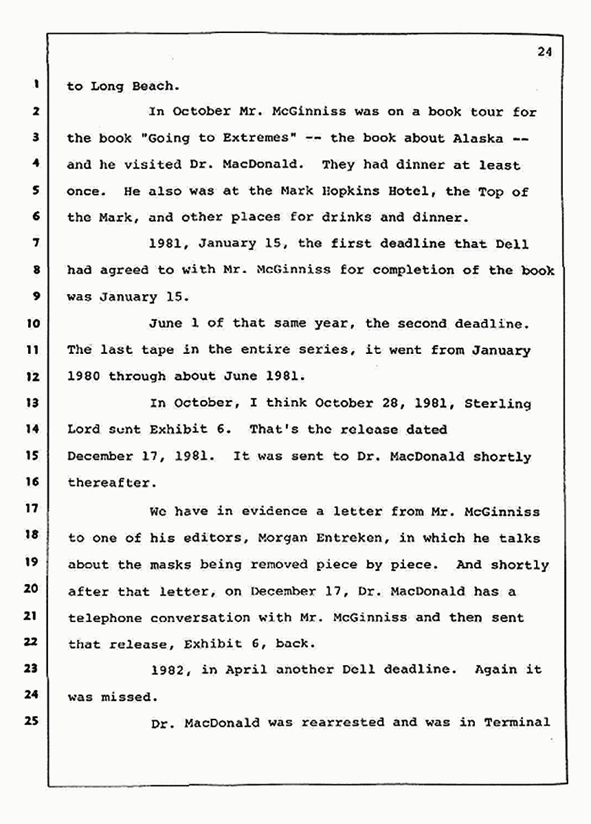 Los Angeles, California Civil Trial<br>Jeffrey MacDonald vs. Joe McGinniss<br><br>August 12, 1987:<br>Closing Arguments for Plaintiff Jeffrey MacDonald, p. 24