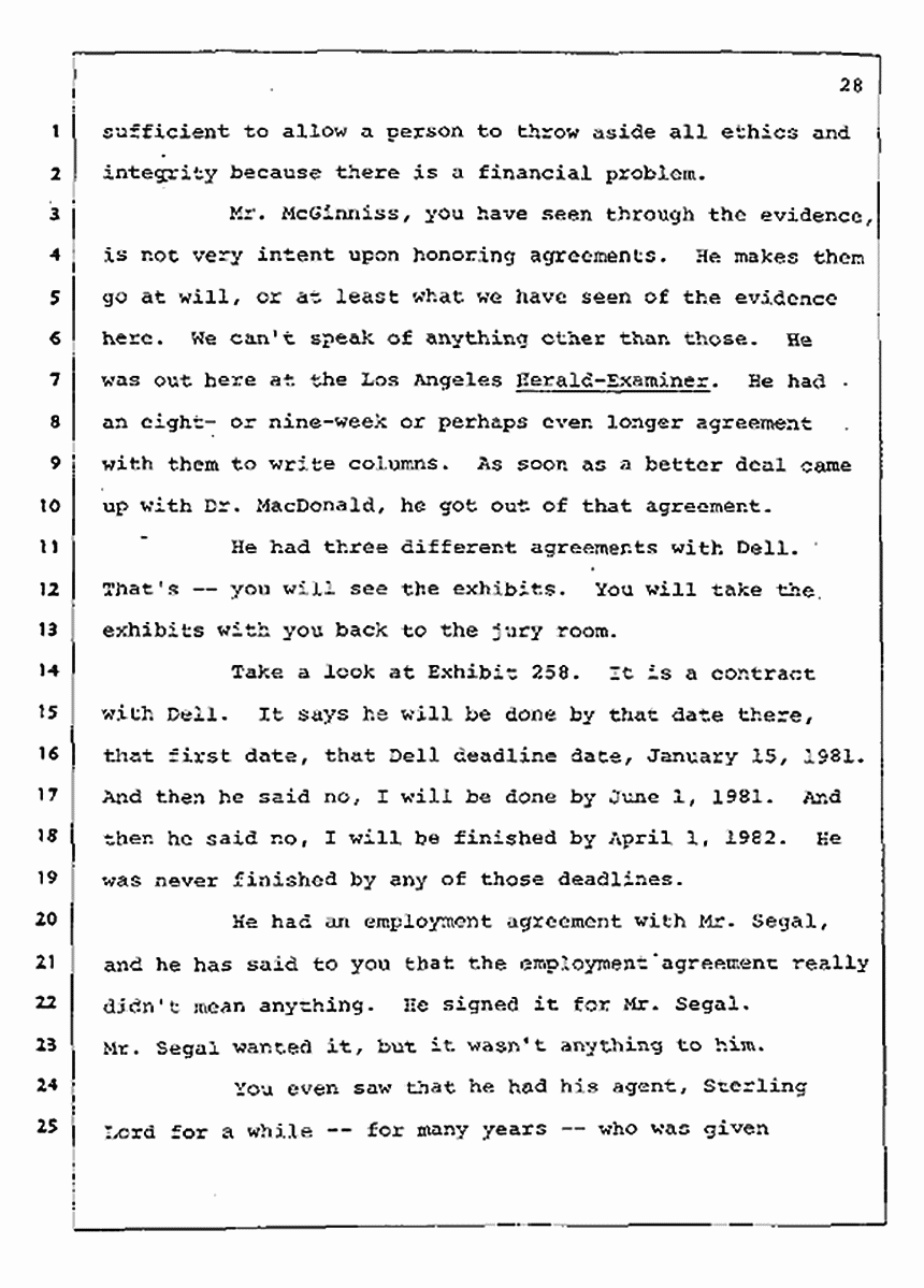 Los Angeles, California Civil Trial<br>Jeffrey MacDonald vs. Joe McGinniss<br><br>August 12, 1987:<br>Closing Arguments for Plaintiff Jeffrey MacDonald, p. 28