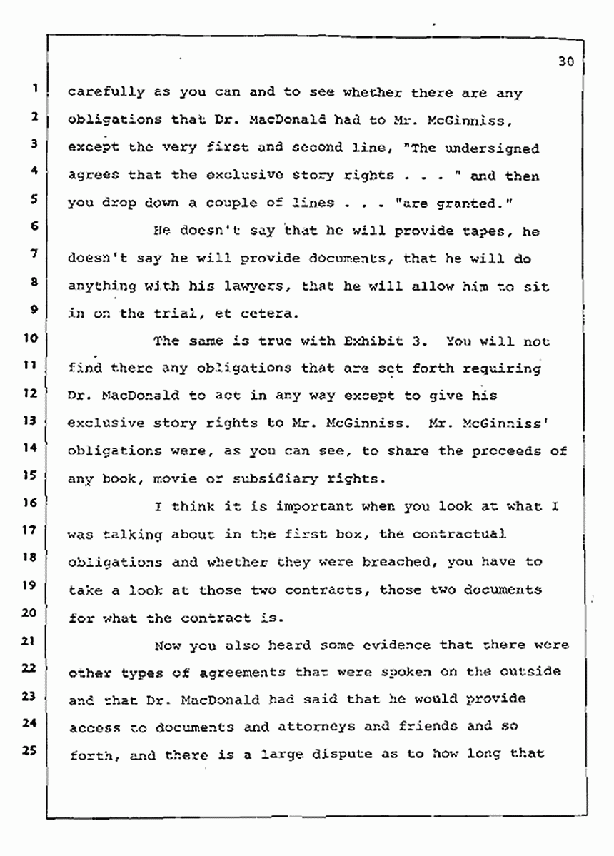 Los Angeles, California Civil Trial<br>Jeffrey MacDonald vs. Joe McGinniss<br><br>August 12, 1987:<br>Closing Arguments for Plaintiff Jeffrey MacDonald, p. 30