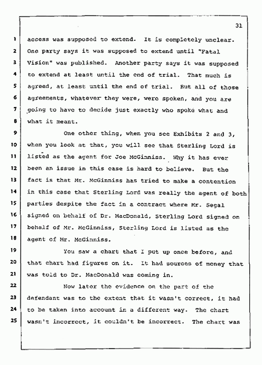 Los Angeles, California Civil Trial<br>Jeffrey MacDonald vs. Joe McGinniss<br><br>August 12, 1987:<br>Closing Arguments for Plaintiff Jeffrey MacDonald, p. 31