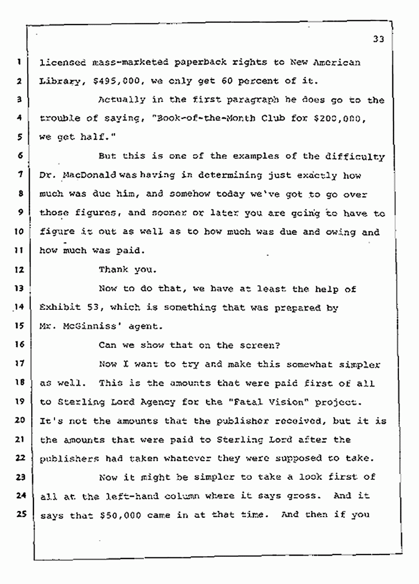 Los Angeles, California Civil Trial<br>Jeffrey MacDonald vs. Joe McGinniss<br><br>August 12, 1987:<br>Closing Arguments for Plaintiff Jeffrey MacDonald, p. 33