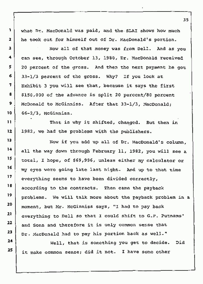 Los Angeles, California Civil Trial<br>Jeffrey MacDonald vs. Joe McGinniss<br><br>August 12, 1987:<br>Closing Arguments for Plaintiff Jeffrey MacDonald, p. 35